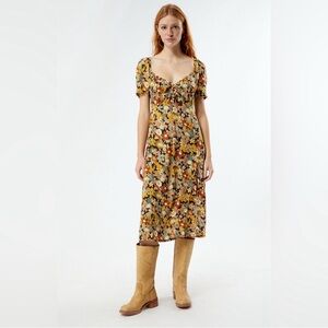 RVCA Ortwein Floral Midi Dress Slit Mustard Brown XS Viscose